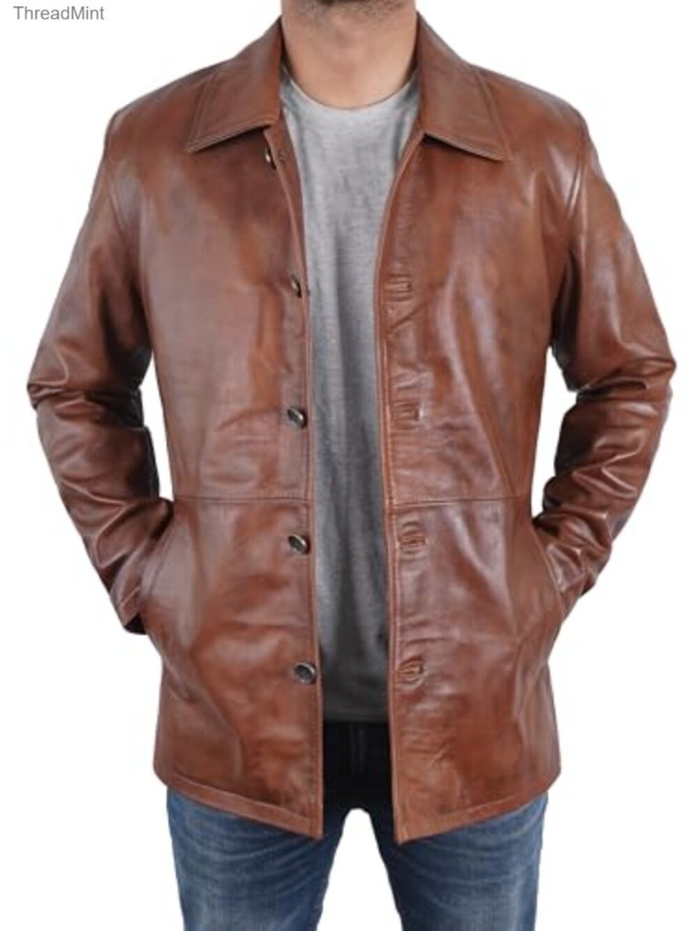 Men's Classic Winter Leather Car Coat 3/4 Length Long Jacket Lambskin Real